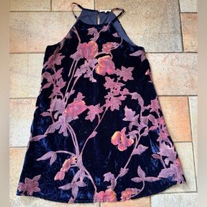 Entro Blue Pink Purple Tan Floral Print Velvet Tank Strap Shift Dress Size S